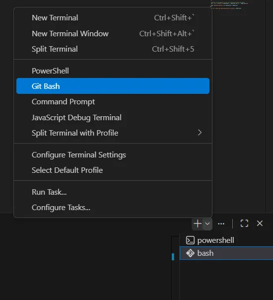 Git Bash selected in the terminal options