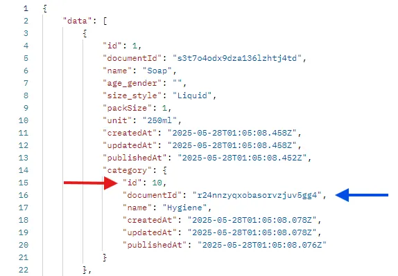 Strapi id number and document id in json data