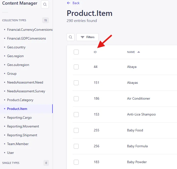 The id number field in a Strapi collection